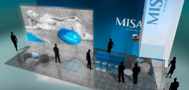 Misapor – Messestand – Frau und Schaumglasschotter Messestand – Misapor – Schaumglasschotter